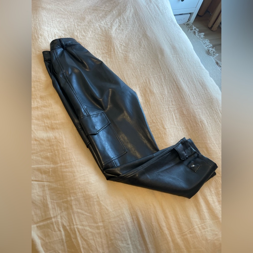 Black vegan leather cargo pants
